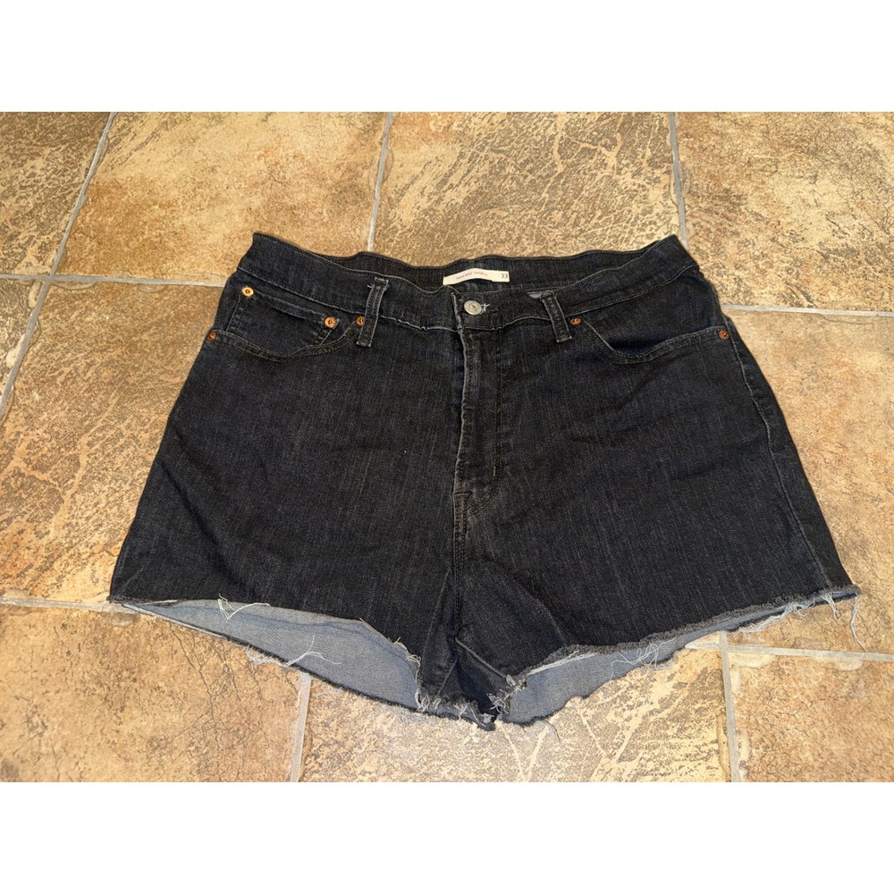 Levis High Rise Denim Shorts Womens 33 Black Dark Wash Cut Off WaterLess